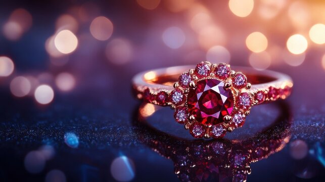 A high-end ruby ring with exquisite detailing, placed on a reflective velvet surface on blurred background