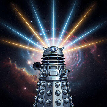 Dalek in space shooting multi-colored energy beams against a backdrop of a swirling galaxy and nebulas. Power and interstellar war.
