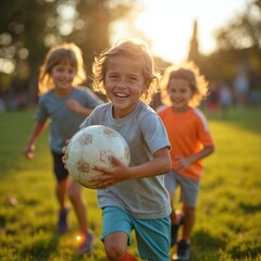 Obraz premium Young boys and girls play soccer on a grassy field during sunset. Children run with a ball, laughing and smiling. Friends enjoy outdoor sports activity on a bright sunny day.