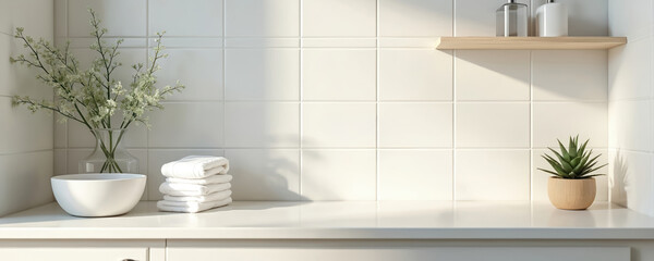 Minimalist white bathroom counter with soft light. Decorated with fresh flowers, folded towels, and a small potted plant. Offers clean, serene space for product placement or spa themes.