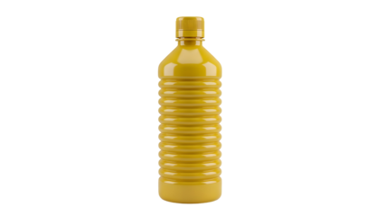 A tall yellow plastic bottle with a textured surface and horizontal ridges isolated on a solid black background