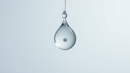 A crystal-clear water droplet suspended in mid-air, containing a single, filtered-out microplastic particle.