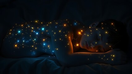 Sleeping figure with glowing mitochondria constellations beneath their skin.