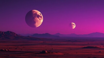 Martian terrain under violet twilight, two moons casting conflicting shadows across the alien landscape