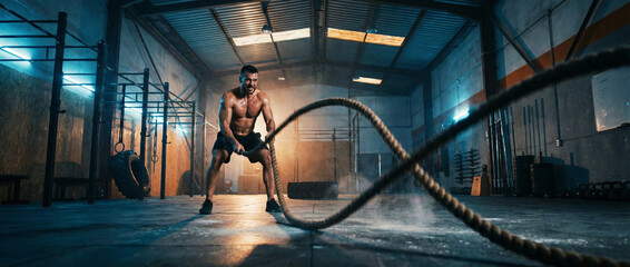 Rope Training in Fitness Center: A muscular individual intensely engages in rope training within a gritty, atmospheric fitness center.