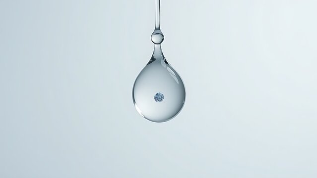 A crystal-clear water droplet suspended in mid-air, containing a single, filtered-out microplastic particle.