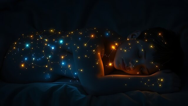 Sleeping figure with glowing mitochondria constellations beneath their skin.