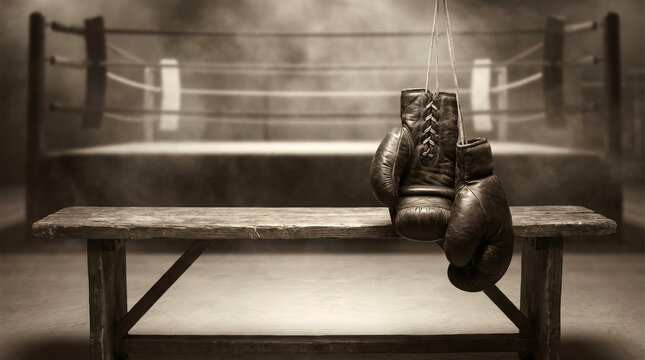 Gloves of a Champion: A pair of well-worn boxing gloves hangs in the quiet of a vintage boxing ring. A bench stands ready to receive the next fighter. This image conveys a sense of strength, skill.