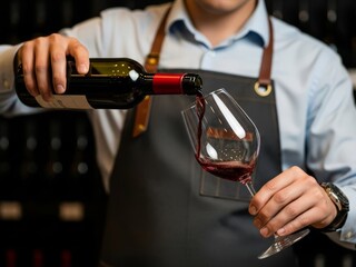 Pouring Wine: A sophisticated bartender pours a rich, red wine into a crystal glass, showcasing elegance and connoisseurship.