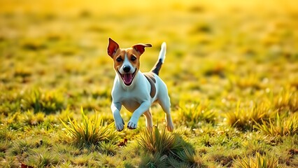 Jack Russel terrier running in sunny grassy field