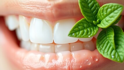 Close-up of pristine white teeth with fresh mint leaves, emphasizing dental hygiene and freshness.