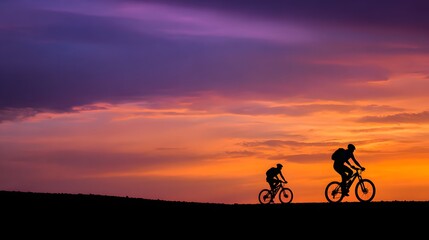 Obraz premium Silhouettes of two mountain bikers riding across a landscape against a vibrant sunset sky