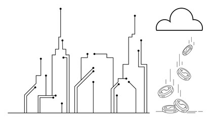Smart cities, cloud storage, cryptocurrency, fintech, data management, futuristic tech. Outline of city buildings with circuits connected to a cloud raining coins. Smart cities and cloud storage