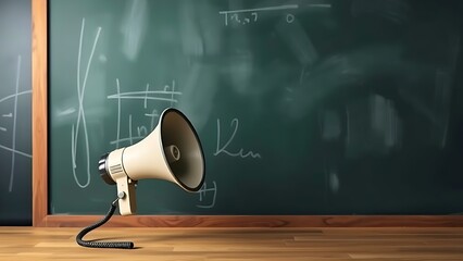 Vintage megaphone placed on a wooden surface before an empty chalkboard, representing retro communication.