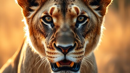 A close-up of a majestic lioness with an intense gaze, bathed in golden savanna sunlight.