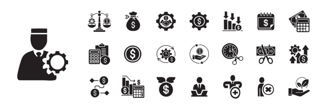 Financial Cost Reduction Icon Pack in Solid Glyph Dual Color Design with Savings, Efficiency, Cut, Reduce, Optimize, Lower, Minimize, Control, Budget, and Slash