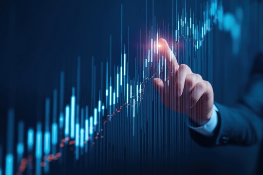 Hand touching stock market chart with glowing lines on dark blue background for financial analysis and investment strategy data visualization - Powered by Adobe