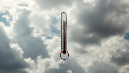 A thermometer floating against cloudy skies, symbolizing intense heat with dramatic lighting.