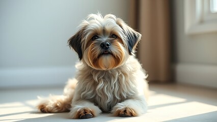 Portrait of a fluffy Tibetan terrier sitting gracefully with soft natural light from the side.
