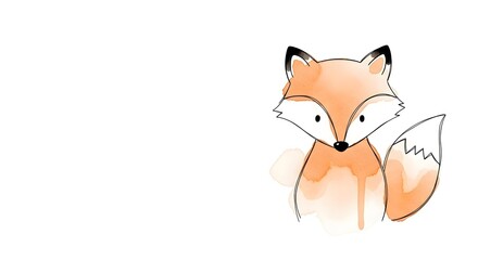 Obraz premium Cute minimalist fox illustration in watercolor style with gentle orange tones, small eyes and nose, perfect for children and modern decor.