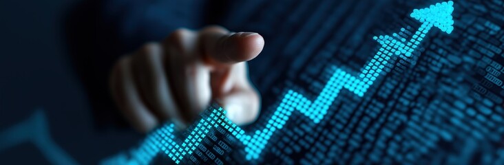 Blue arrow pointing up with hand on dark background for business growth and financial success concepts and market trend analysis