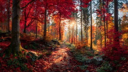 Fototapeta premium Sunlit path winds through a vibrant forest saturated with deep red autumn foliage