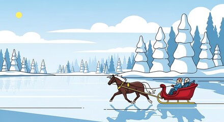 ​A cheerful horse-drawn sleigh ride across a snowy plain. Two people enjoy the ride past snowy pines under a blue sky, conveying holiday fun and winter recreation