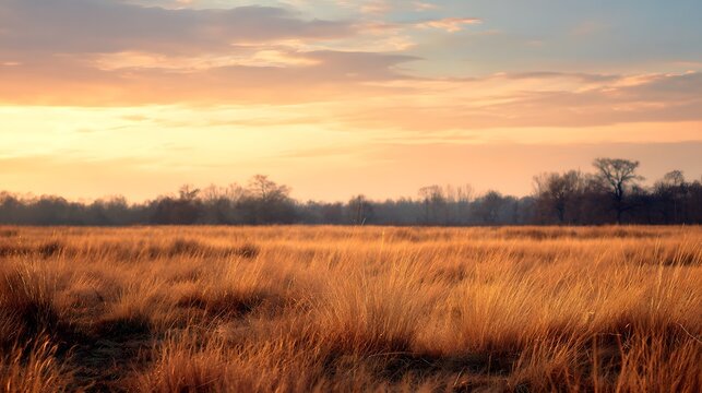 Golden tall grasses stretch across an open field beneath a soft sunset sky