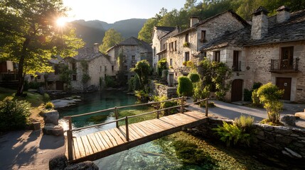 Sunlight streams over an old stone village nestled beside a clear, turquoise waterway crossed by a simple wooden bridge.