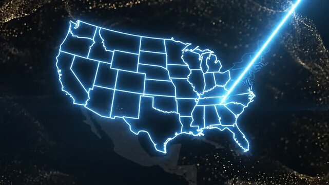 Glowing blue outline map of the United States with a bright light beam shining from Florida into space against a dark background with scattered city lights.