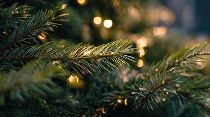 A close-up view of evergreen branches adorned with soft, glowing lights, creating a warm and festive atmosphere.