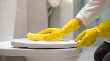 Person wearing bright yellow gloves carefully sanitizes a white porcelain toilet seat with a sponge
