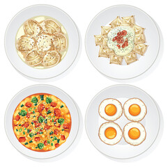 Top View of Four Traditional Breakfast Dishes on Plates