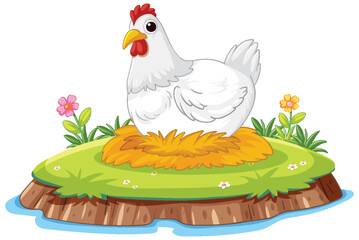White Hen Sitting on Nest in Garden Illustration