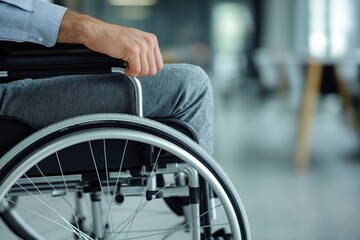 Obraz premium Close up of man in wheelchair with hand on wheel in modern office setting for accessibility and disability awareness concepts