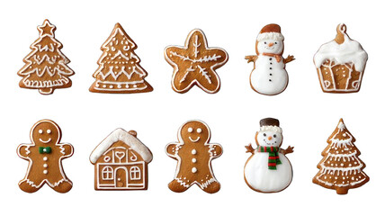 A collection of festive gingerbread cookies shaped like Christmas trees, snowmen, stars, and a gingerbread house, intricately decorated with icing.