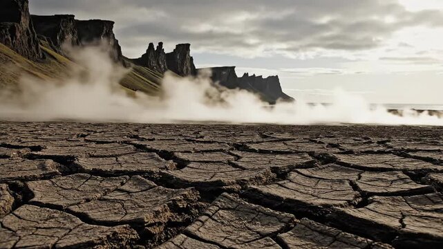 Exploring Harsh Landscapes Revealing Cracked Earth and Misty Cliffs