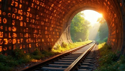 Railway tracks lead through a tunnel with glowing digital code on walls towards bright sunlight and green forest. Symbolizing future progress and tech journey.