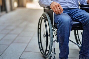 Obraz premium Man in wheelchair on urban street with blue jeans and white shirt accessibility and mobility for people with disabilities and medical needs