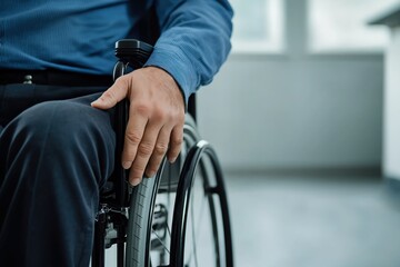 Obraz premium Man in wheelchair with hand on wheel indoors blue shirt and dark pants disability and accessibility concept medical and healthcare