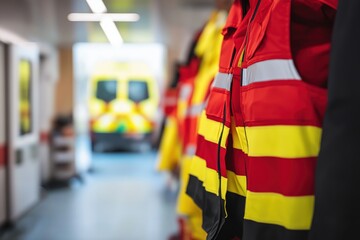 Emergency medical services uniforms hanging in hospital hallway with ambulance in background for healthcare and safety concepts