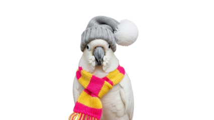 A festive white cockatoo parrot wearing a gray pompom winter hat and a colorful striped scarf, on a transparent background, PNG image