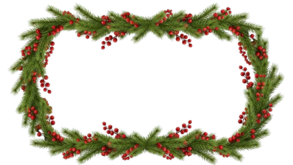 Christmas frame with green fir branches and red holly berries on a transparent background, PNG image