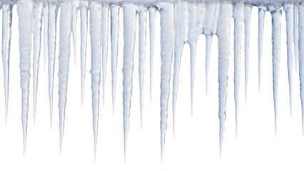  Row of sharp, melting icicles hanging down on a transparent background PNG image