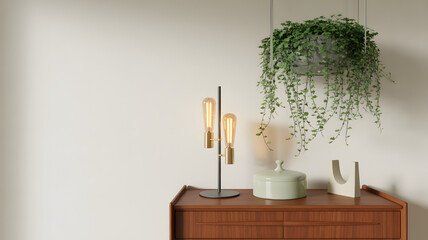 Modern table lamp with edison bulbs on wooden cabinet with hanging plant