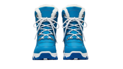Blue winter snow boots with white fur lining and laces on a transparent background PNG image PNG file