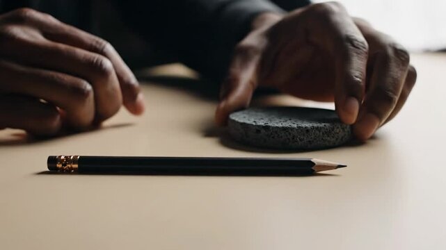Close up of hands holding a pencil and eraser on a desk.