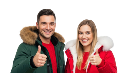 Happy Couple in Winter Coats Showing Thumbs Up on Transparent Background PNG Image File
