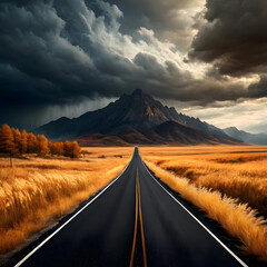 An empty asphalt road stretches towards a dramatic mountain under a stormy sky with golden fields on either side symbolizing journey and adventure
