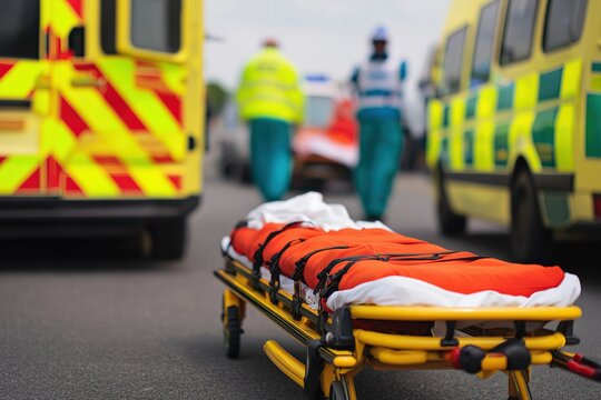 Emergency stretcher with ambulance and paramedics on street for medical assistance and healthcare services accident response and urgent care